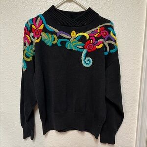 Black Sweater with Colorful Floral Embroidery